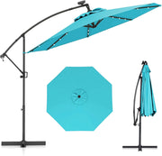 Ombrellone da Giardino ∅300 cm con 32 Luci LED, Ombrellone Prendisole con Rotazione di 360°, Inclinazione Regolabile, 8 Stecche, Manovella, per Giardino Piscina Cortile (Turchese)