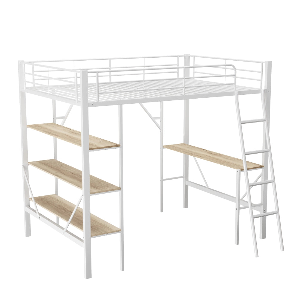 LETTO a soppalco con scrivania e 3 ripiani 90x200 cm bianco MDF e metallo