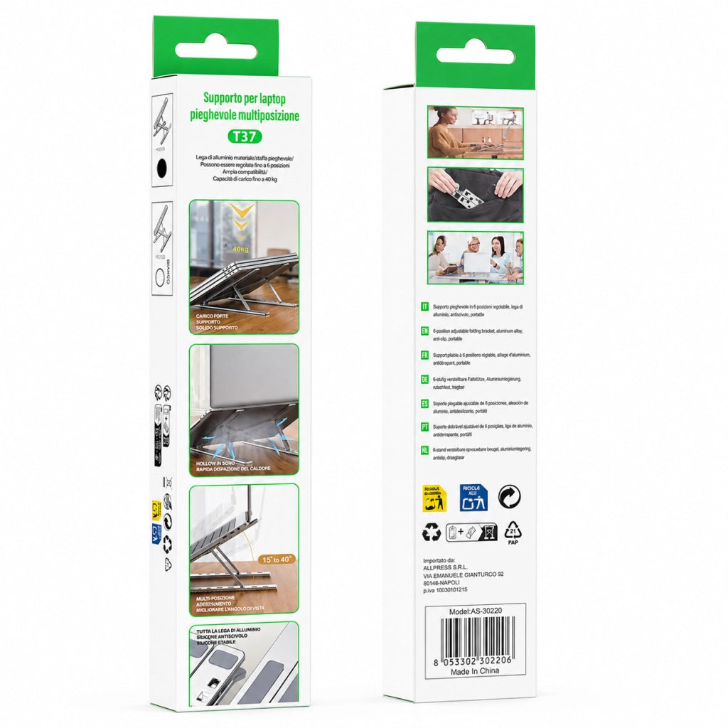 SUPPORTO LAPTOP PIEGHEVOLE PC PORTATILE TABLET ALLUMINIO REGOLABILE T37