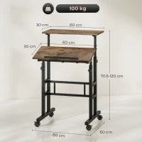 Scrivania Regolabile in Altezza con Ripiano e Ruote, 60 x 60 x 70,5-120 cm, Marrone