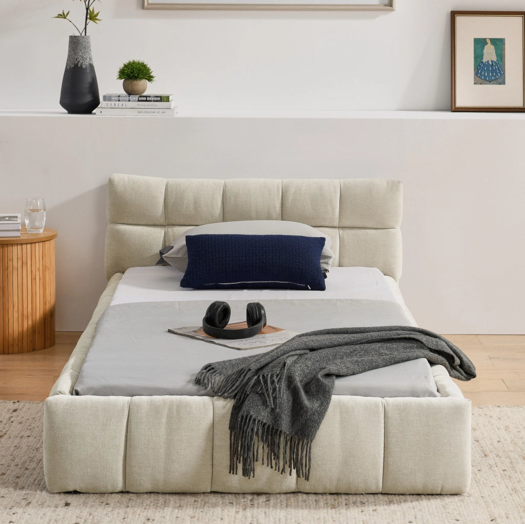 Letto singolo imbottito in ciniglia beige 90x200 cm