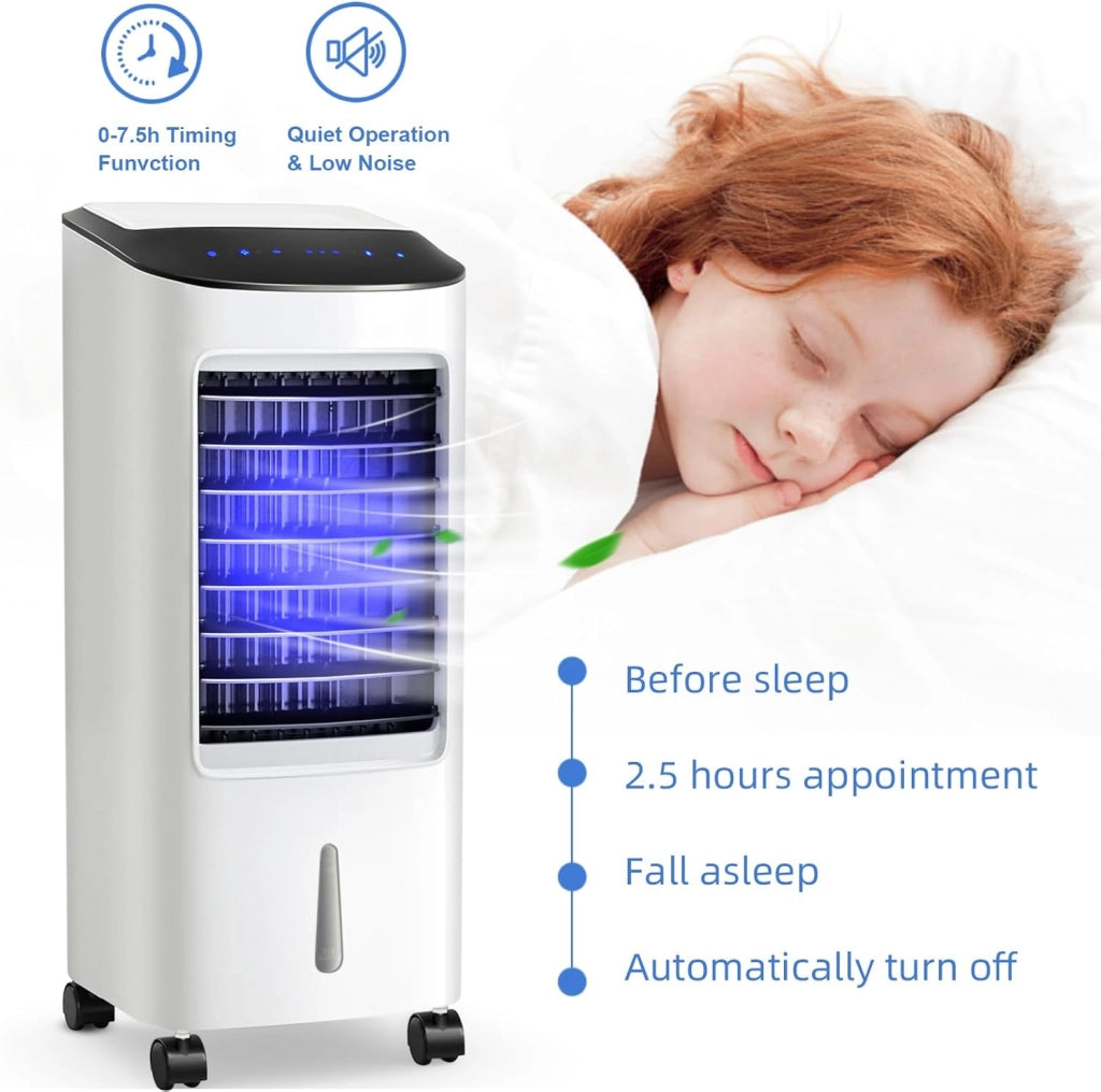 Ventilatore Senza Tubo di Scarico, 3 in 1 Air Cooler, Ventilatore, Umidificatore, con Telecomando, 3 Velocità, Timer 7,5H, Serbatoio dell'Acqua da 7L, per Salone, Camera da Letto, Ufficio