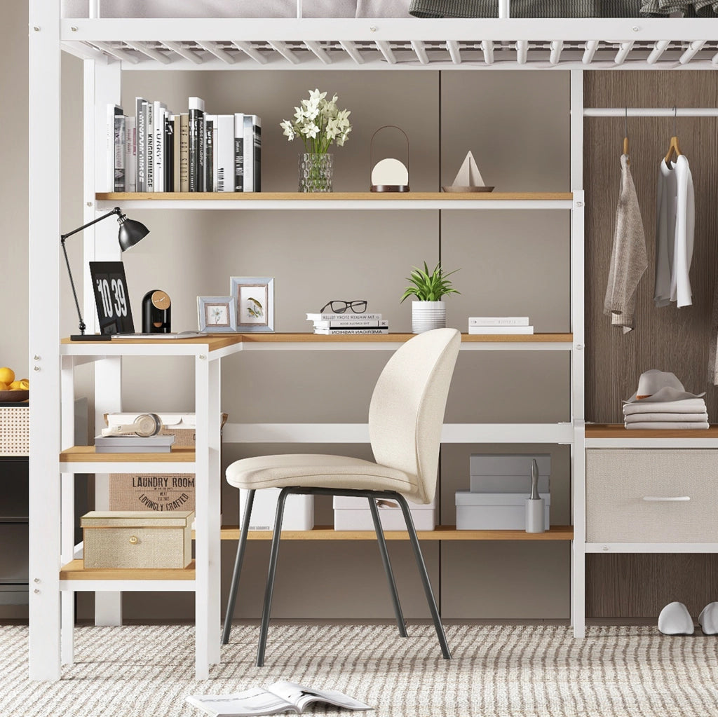 Letto a soppalco 90x200 con scrivania e scaffale bianco naturale