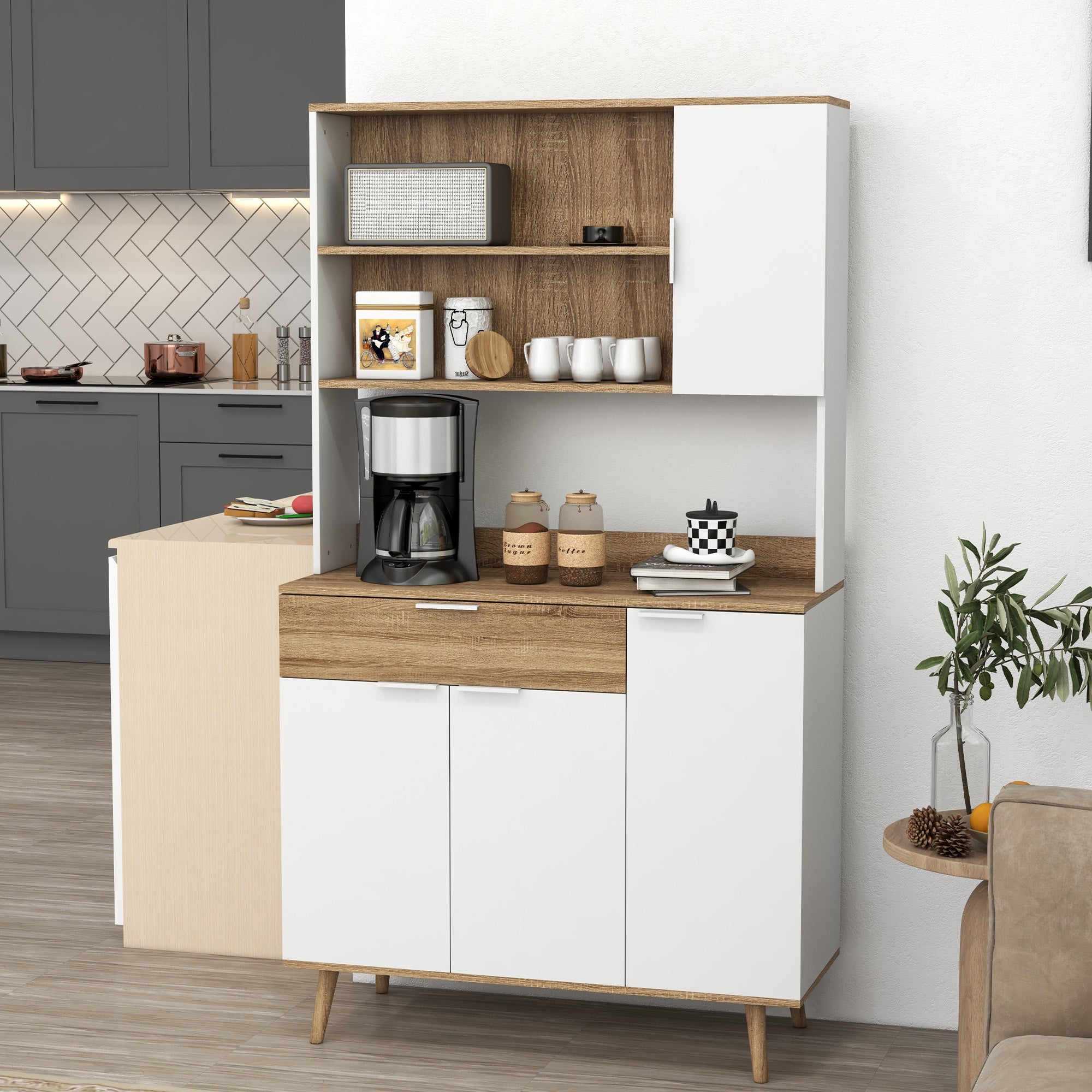 Credenza da Cucina 98x39x180 cm in Legno Truciolare Bianco e Legno