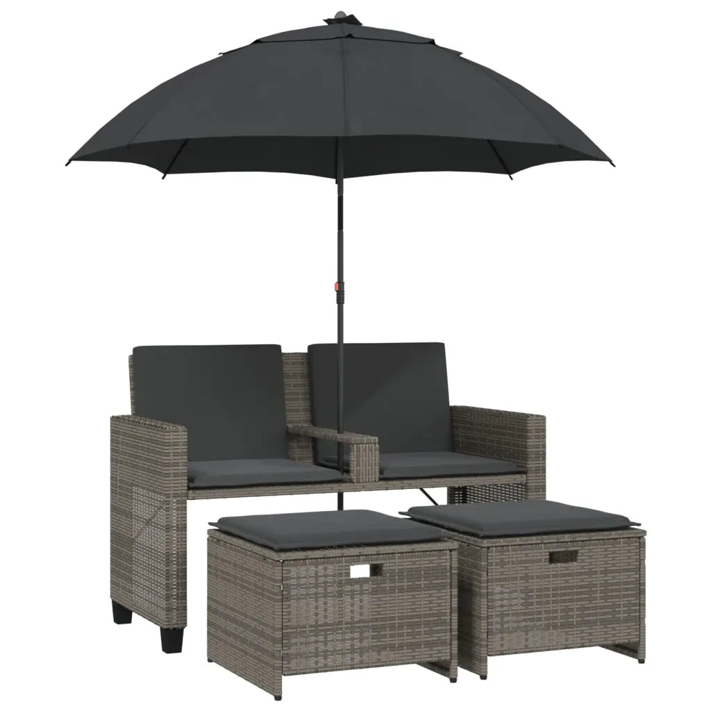 Divano Giardino 2Posti Ombrellone e Sgabelli Grigio Polyrattan 365885