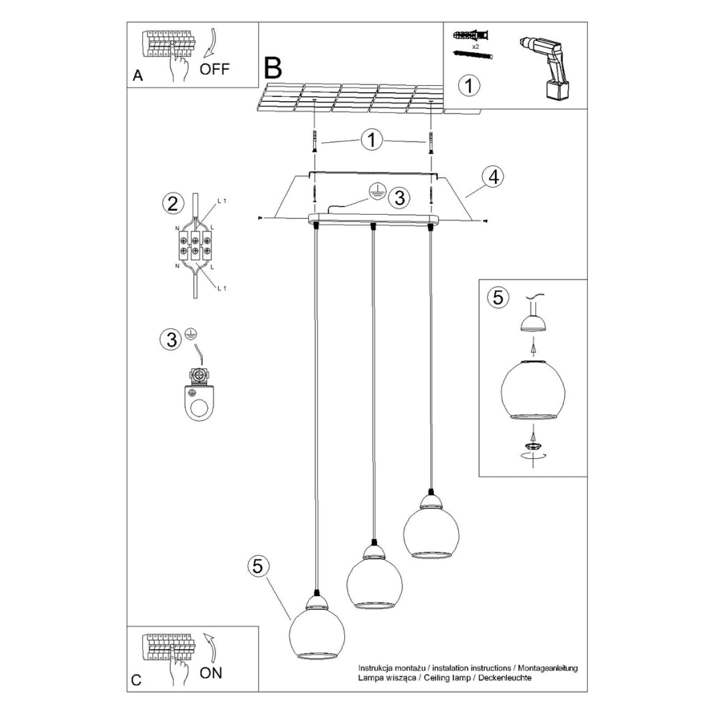 Lampada a sospensione a LED ALINO in acciaio nero a 3 luci, design moderno e minimalista