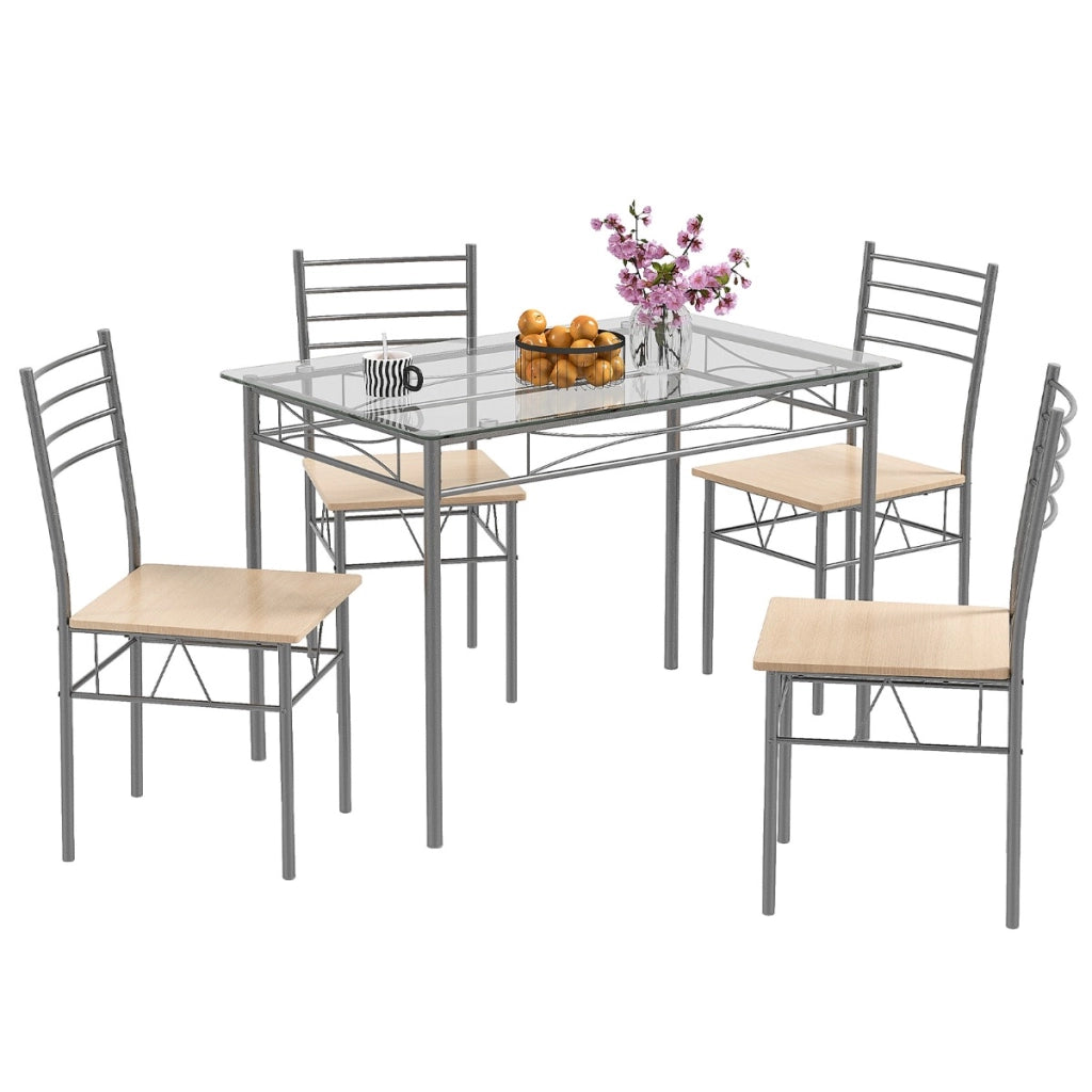 Set da pranzo 5 pezzi in vetro con 1 tavolo rettangolare e 4 sedie, Set da pranzo con struttura metallica-Tavoli e sedie da pranzo