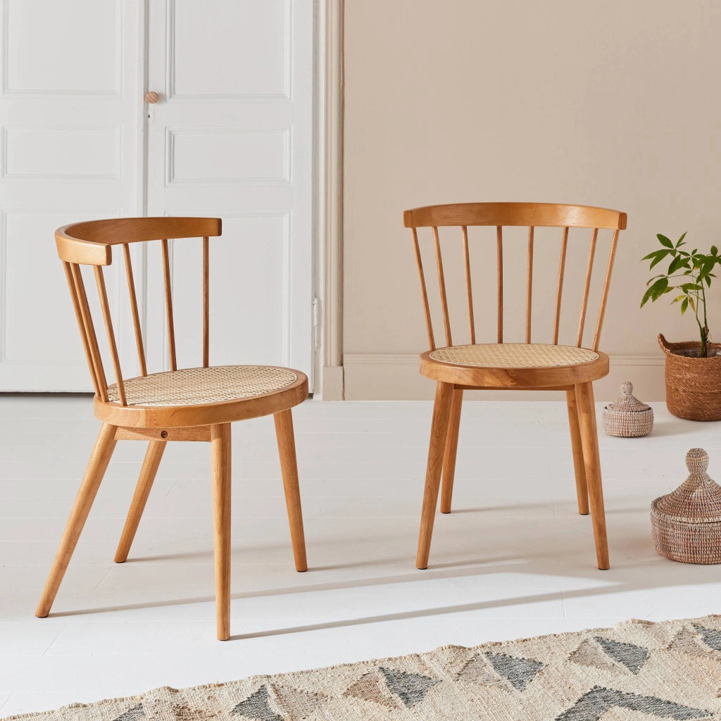Set di 2 sedie in legno e rattan intrecciato, stile vimini, marrone