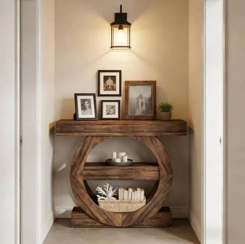 Tavolo consolle rustico a 3 ripiani in legno, 105 cm