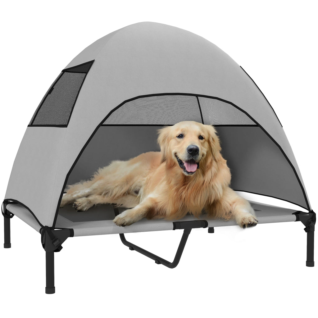 Lettino per Cani da Esterno con Tettuccio Parasole, Brandina Rialzata Traspirante per Giardino e Campeggio, 91 x 76 x 90 cm, Grigio Chiaro