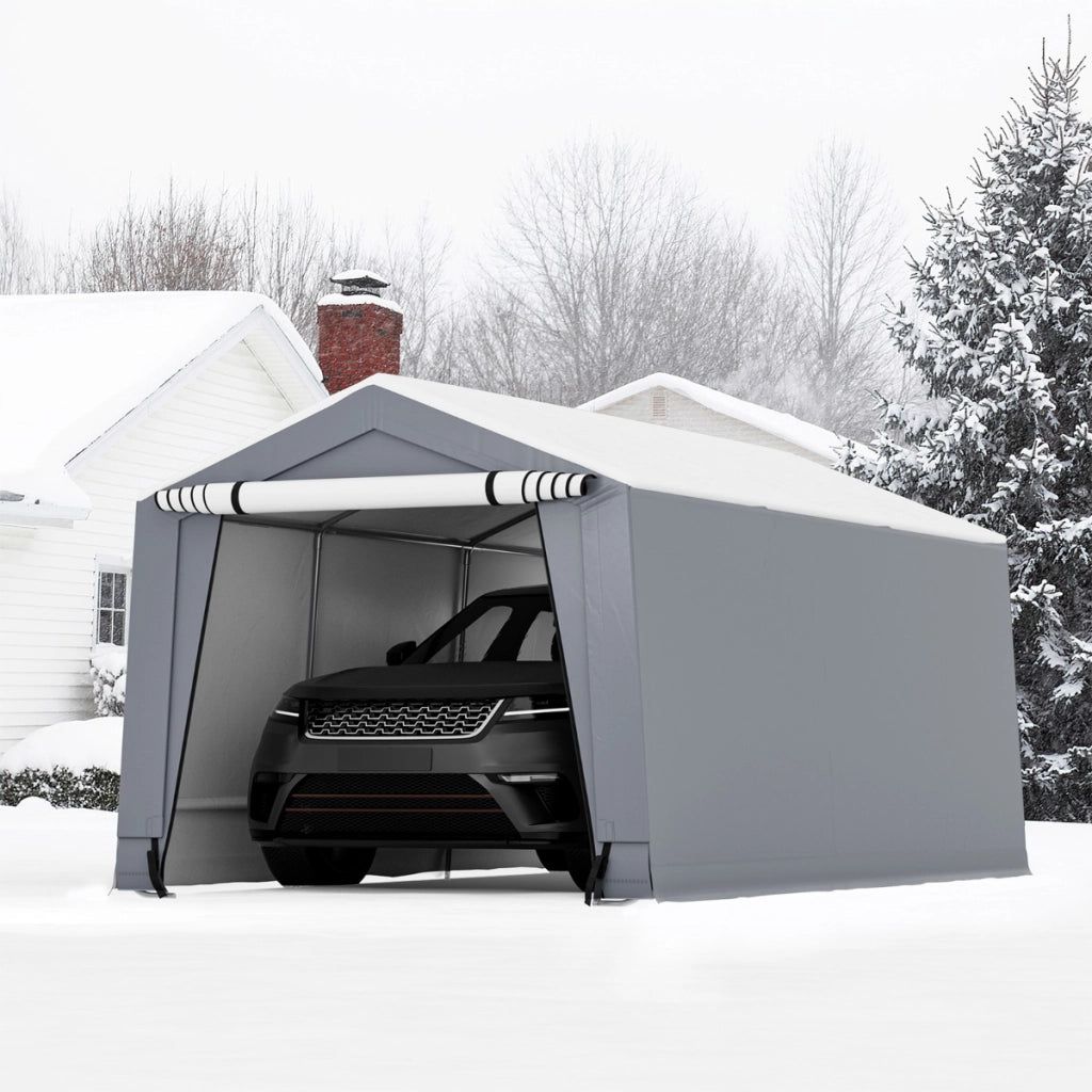 Tettoia per auto con telaio in acciaio zincato travi triangolari rinforzate, Garage portatile con porta Grigio-Accessori per veicoli