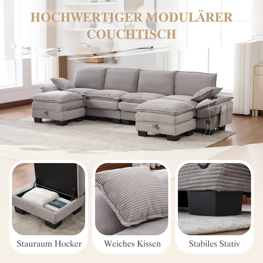 SOFA 4 POSTI in corduroy 330x132x84 cm grigio chiaro con 2 hocker