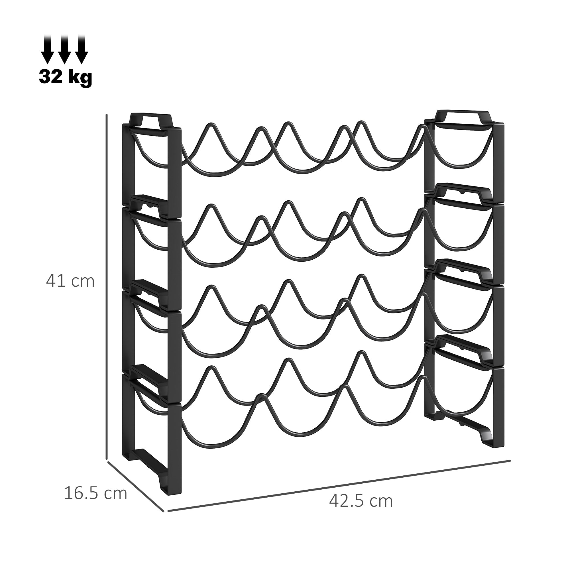 Portabottiglie a 4 Livelli a Onda 42.5x16,5x41 cm Impilabili per 16 Bottiglie in Metallo Nero