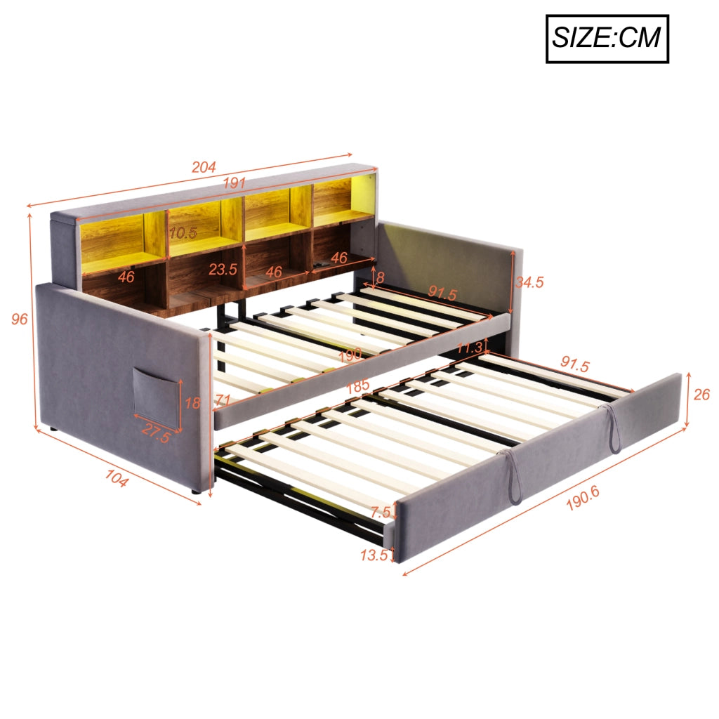 Letto Estraibile Singolo con Ripiani Testiera; LED; USB e Tipo C; 90×190 cm; senza Materasso; Grigio