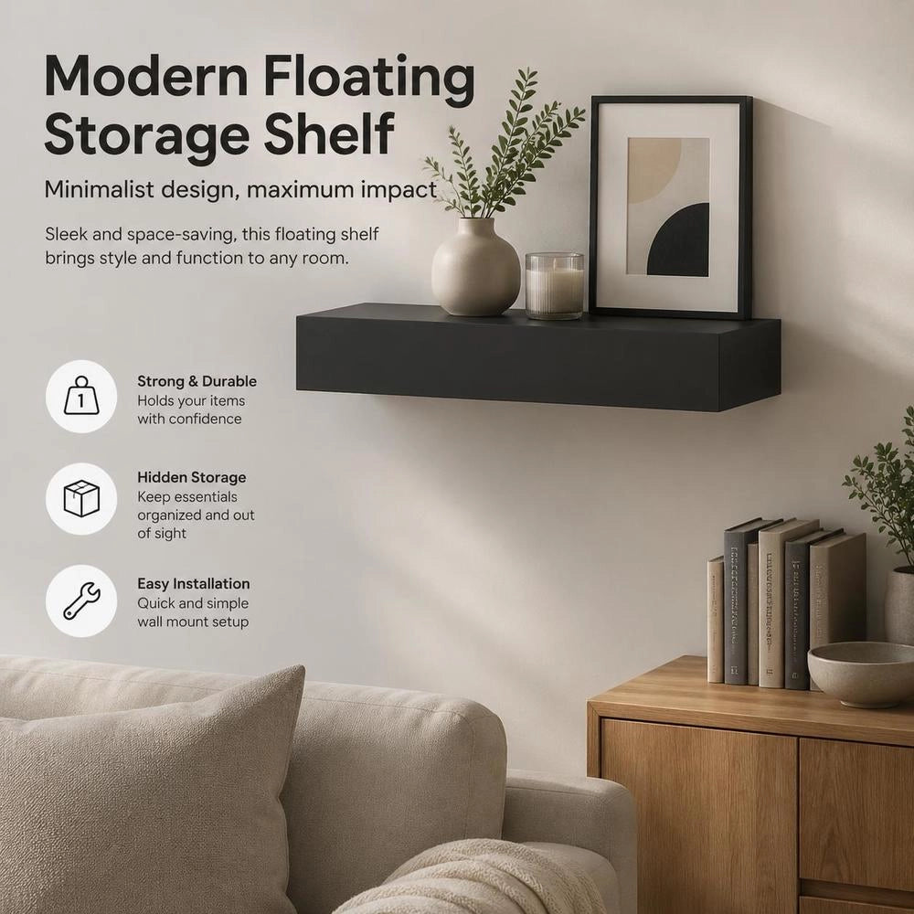 Floating Shelf With Drawer, Black, 48x25x8 Cm
