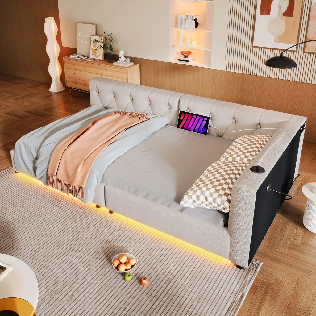 Letto divano con rete a doghe in lino beige 90x200 cm