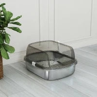 Lettiera per Gatti Coperta Chiusa con Vassoio in Acciaio Inox Pareti Alte Paletta e Area per Caduta di Sabbia Grigio