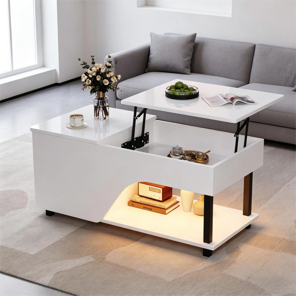 TAVOLO DA SALOTTO H 46-60 cm 50x100 cm Bianco con LED e contenitore