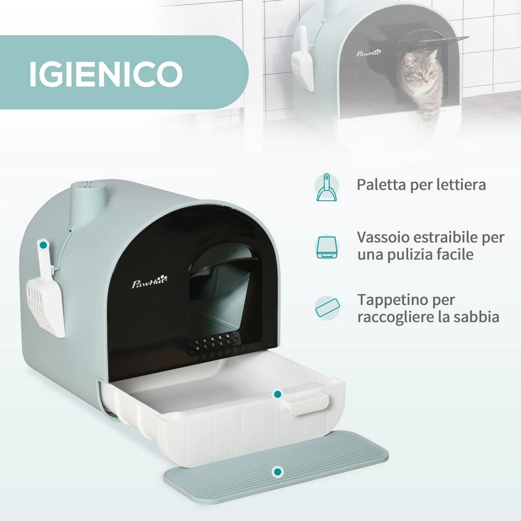 LETTIERA PER GATTI CHIUSA CON FILTRI, PALETTA E VASSOIO, STRUTTURA IN PP, 43X44X47CM, VERDE
