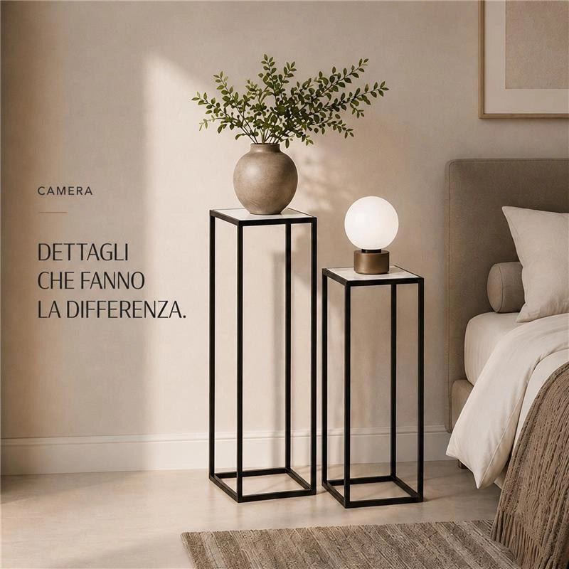 2 COLONNINE IN METALLO MISURE 23X60CM E 27X70CM CON TOP IN MDF SIMIL MARMO