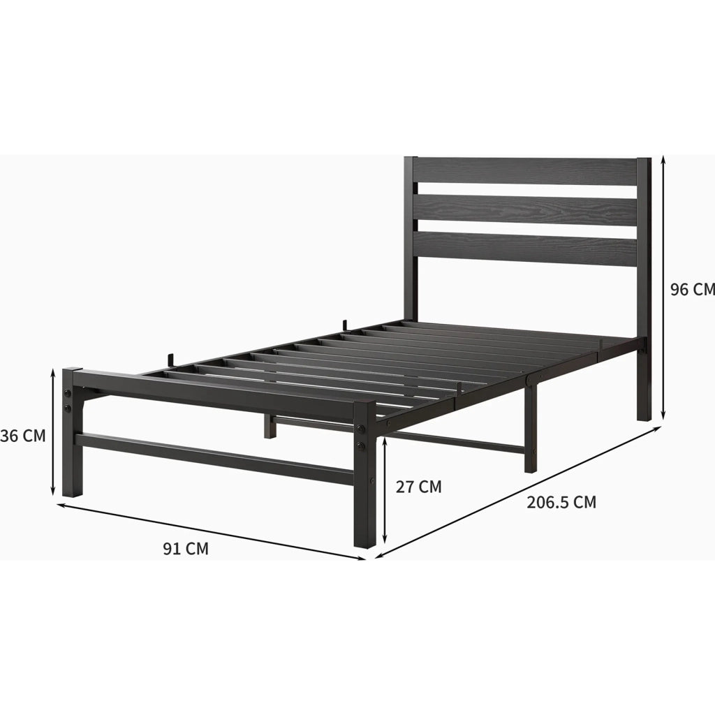 Letto singolo in metallo nero 90x200 cm con testiera MDF e rete a doghe