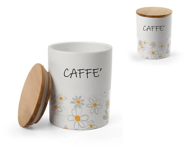 BARATTOLO TONDO PER CAFFÈ IN CERAMICA CON TAPPO IN LEGNO 10X13 CM DAISY