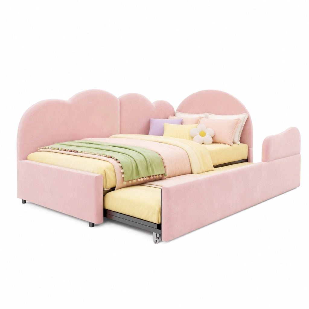 Letto Estraibile 90x200 cm; Letto Singolo con Testiera a Nuvola e Velluto Rosa