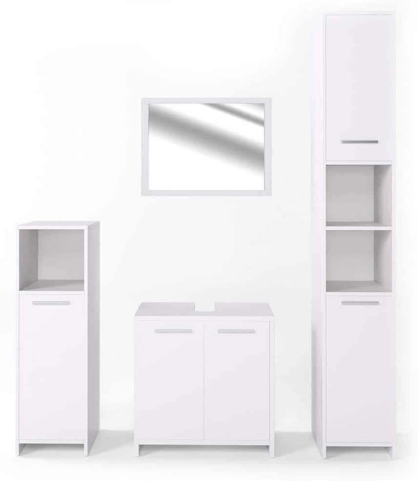 Set mobili bagno Kiko, Bianco, 58 cm, composto da mobile lavabo, pensile a specchio, colonna e base media