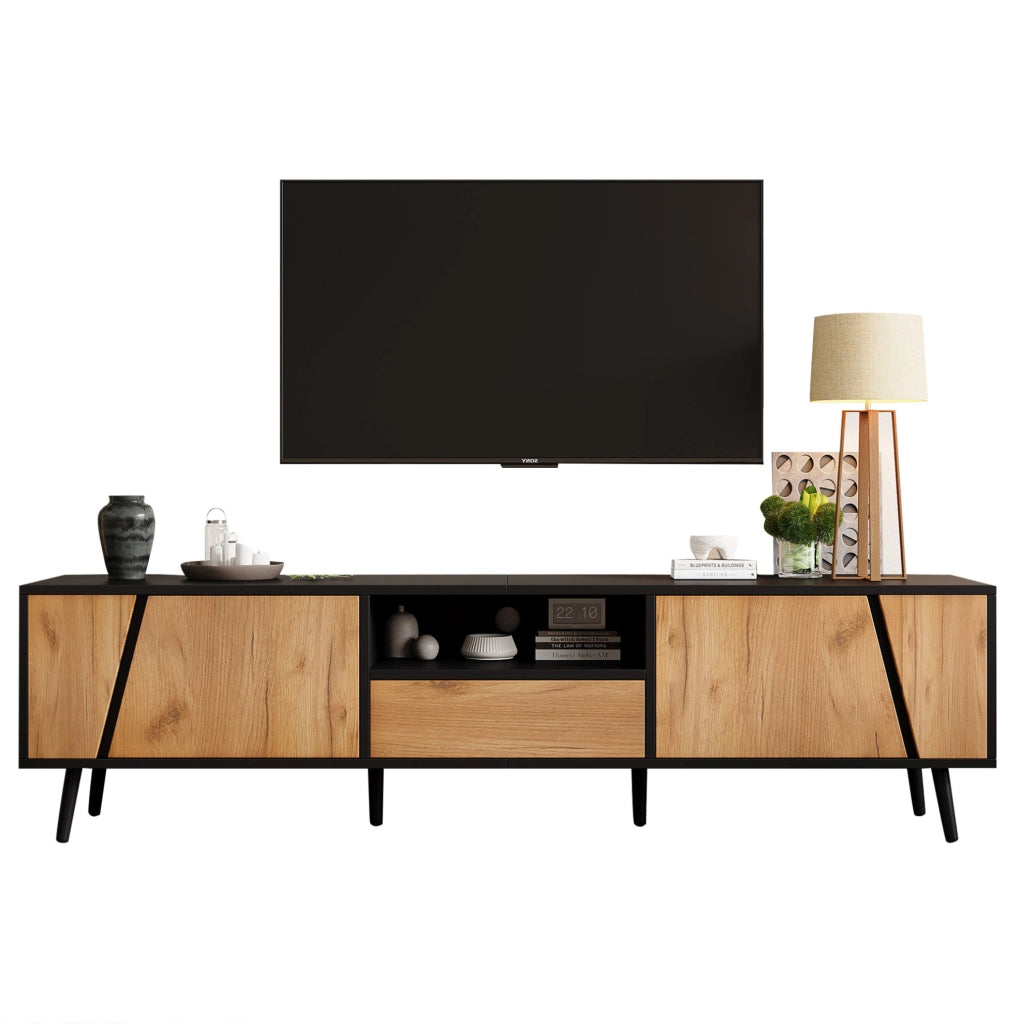 Mobile TV 180x40x46 cm nero e legno con 2 ante, cassetto e vani aperti