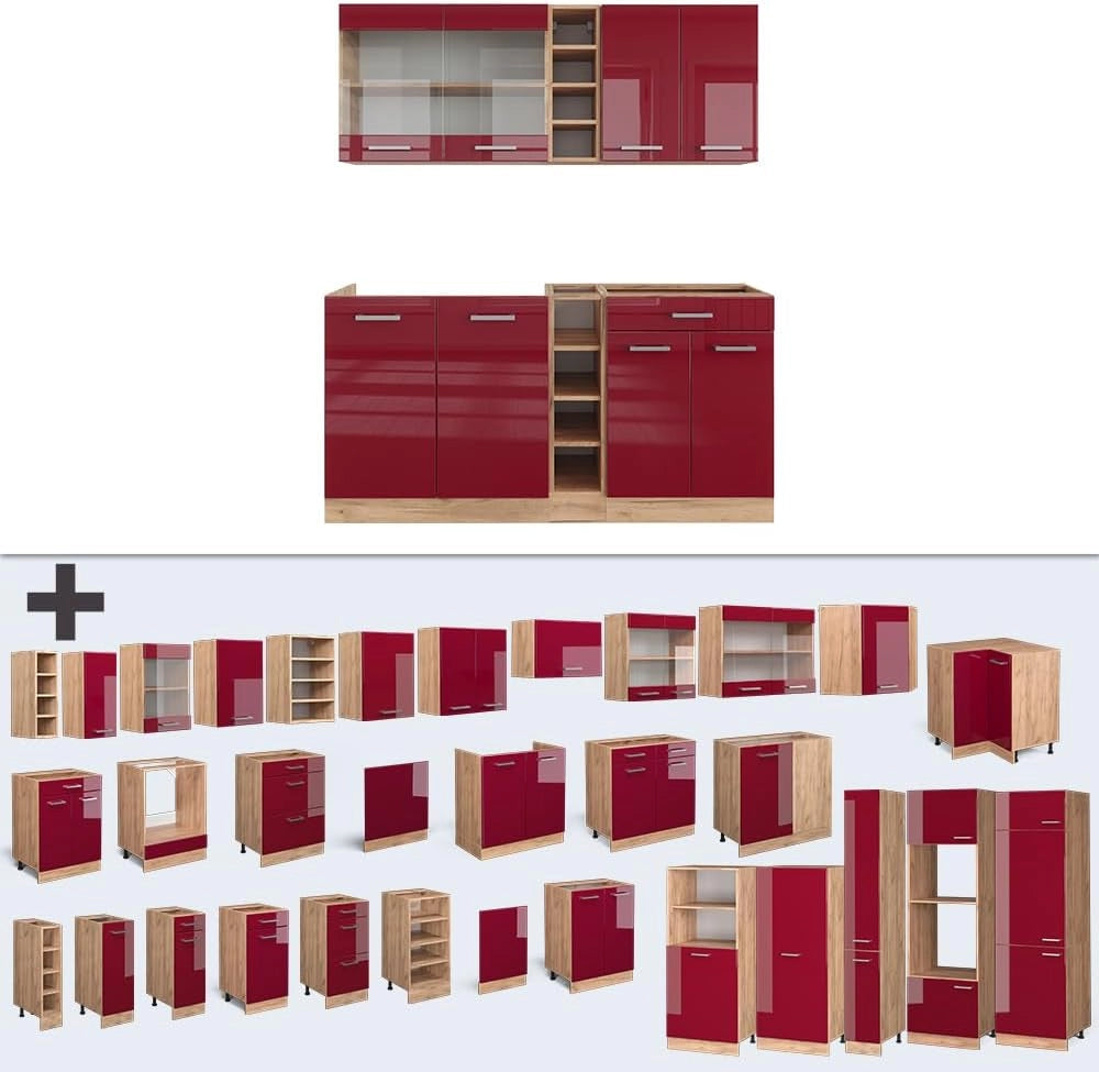 Cucina completa R-Line, Rosso lucido/rovere dorato, 160 cm, PL Antracite, adatto per combinazioni ed espansioni personalizzate