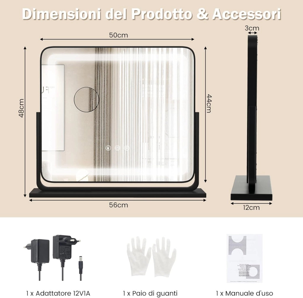 Specchio per Trucco, Specchio da Tavolo con luci LED a 3 Colori, Luminosità Regolabile e Controllo Intelligente a Sfioramento, Ruotabile a 360° con Ingrandimento 5X, 50x44 cm