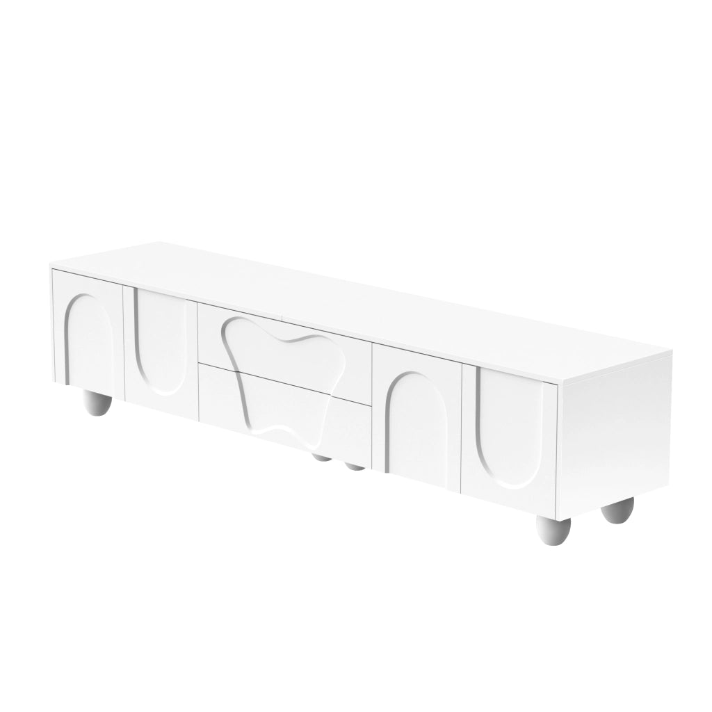Mobile TV bianco 180 cm con gambe in legno massello, design moderno con ampio spazio contenitivo