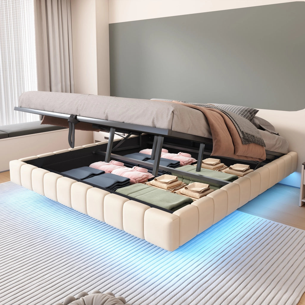 OKWISH Letto Contenitore 180×200 cm, Letto Matrimoniale con LED Regolabile e Sollevamento Idraulico, senza Materasso, in Tessuto, Beige