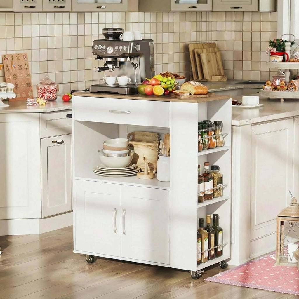 Carrello da Cucina Mobile su Ruote, Isola da Cucina con Piano di Lavoro, Struttura in Legno, Cassetto e 3 Ripiani