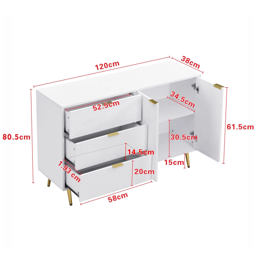 Credenza 120x38x80.5 cm con 3 cassetti e 2 ante; MDF bianco e oro