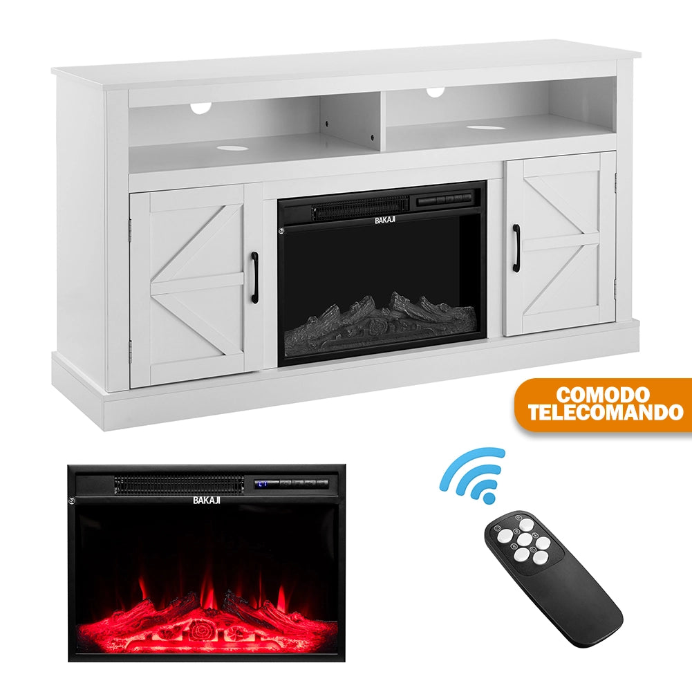 Mobile TV Bianco con Camino Elettrico Effetto Fiamma 3D e Telecomando Luci RGB