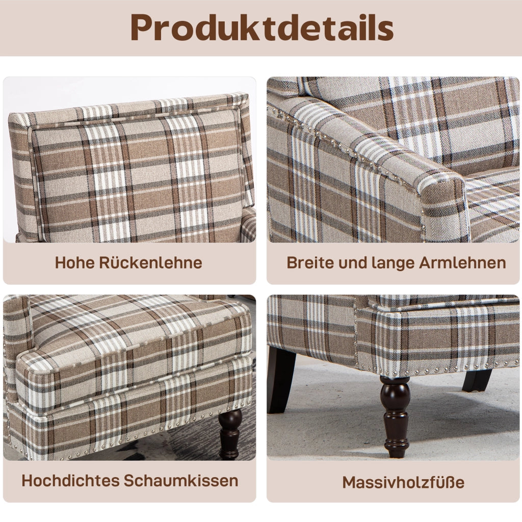 POLTRONA Imbottita 74x66x43,5 cm in Tessuto Cotone Lino Marrone e Bianco