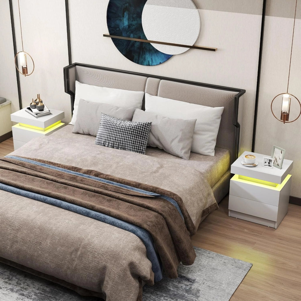Comodino a LED, comodino in finto marmo con 2 cassetti, illuminazione a LED a 20 colori, telecomando, tavolino per soggiorno, camera da letto, 45 x 35 x 52 cm (bianco)