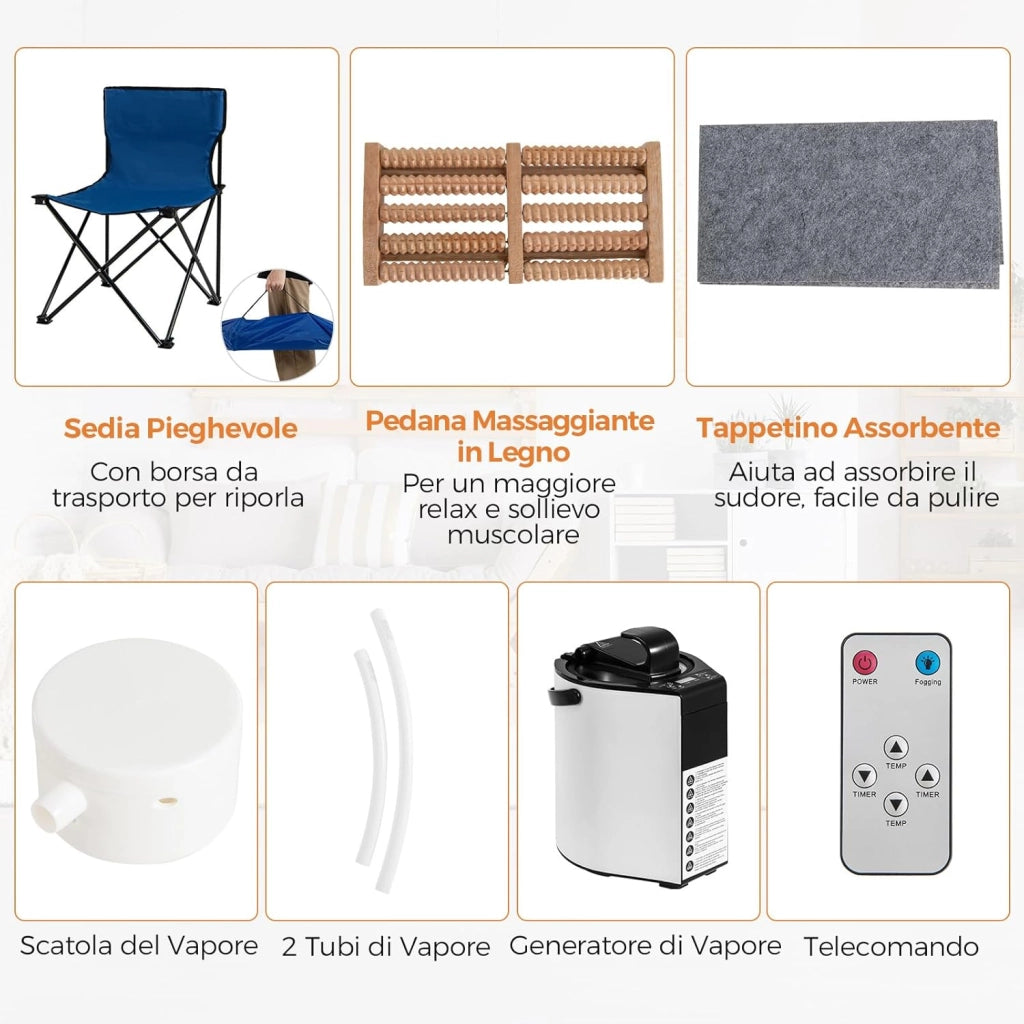 Sauna a Vapore Portatile 3L, Sauna da Casa con 9 Livelli di Regolazione della Temperatura da 40-65℃, Telecomando, Sedia Pieghevole e Massaggiatore per Piedi in Legno (Grigio)