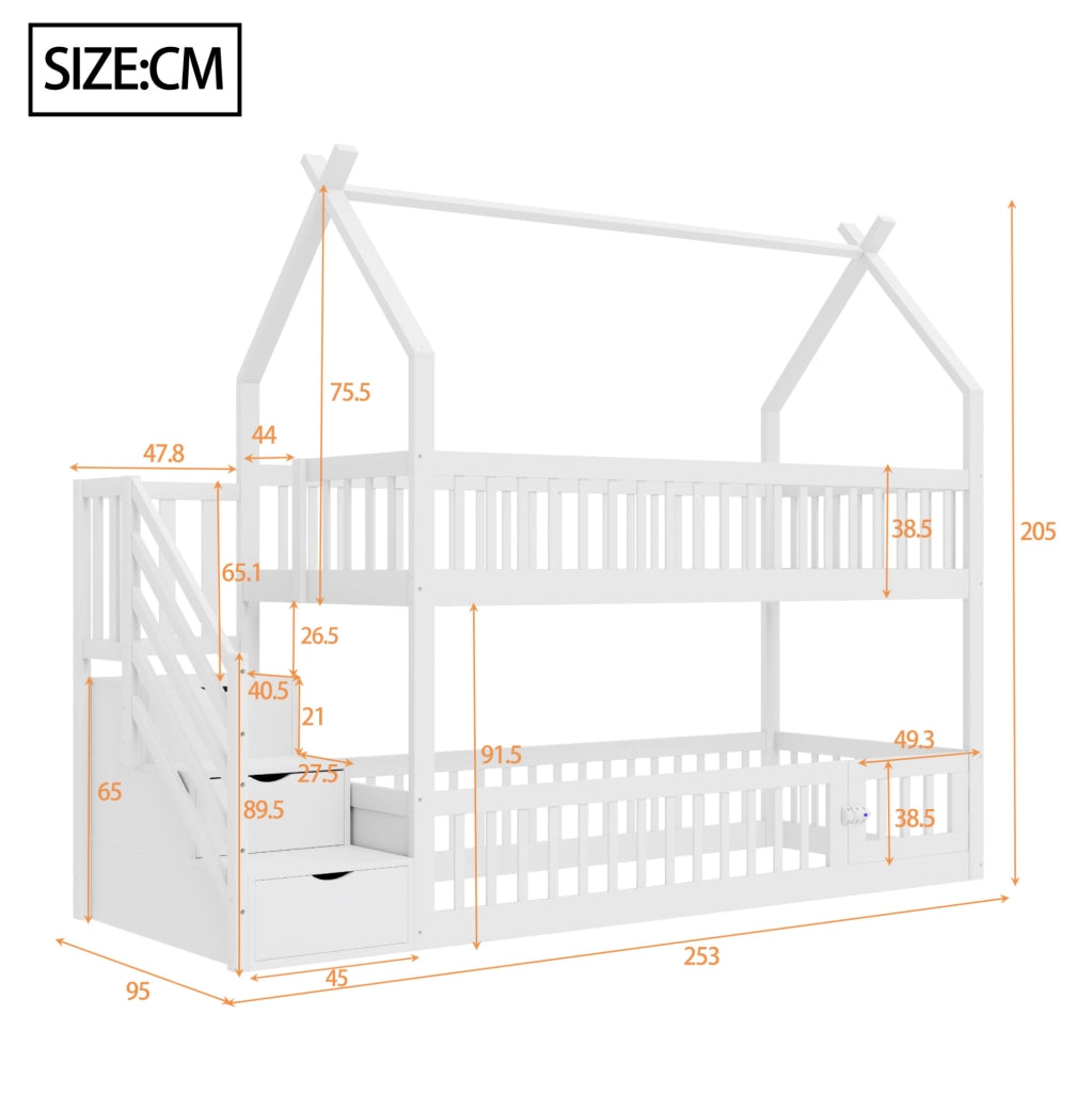 Letto a castello per bambini 90x200 cm in legno massello di pino con tetto; bianco