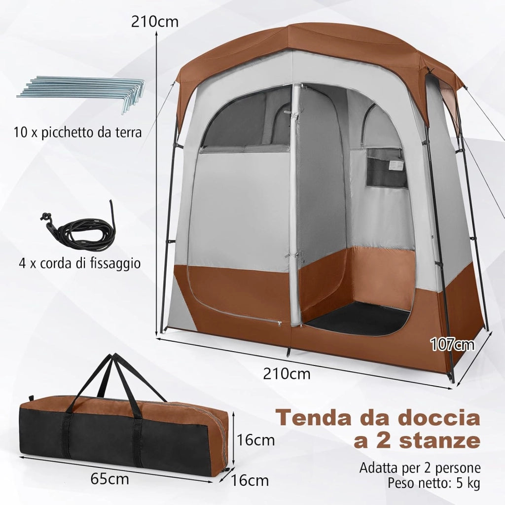 Tenda Spogliatoio da Esterno a 2 Stanze, Tenda da Doccia da Campeggio con Parapioggia Rimovibile, Stendibiancheria e Borsa, Tenda per WC Doccia per Campeggio, Spiaggia e Pesca
