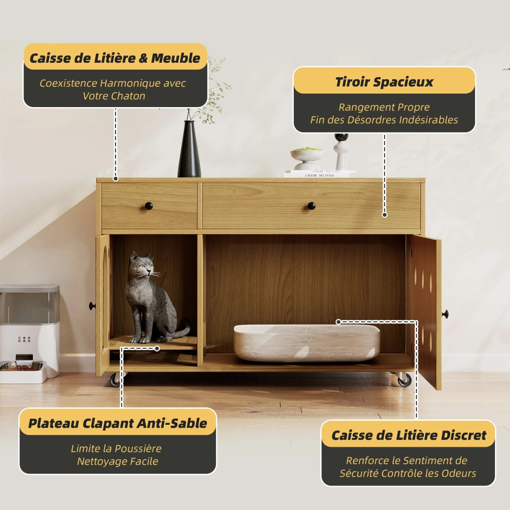 Mobile coperto per lettiera per gatti con 2 cassetti e ripiano superiore, per soggiorno, in MDF, naturale, 100 × 45 × 66 cm