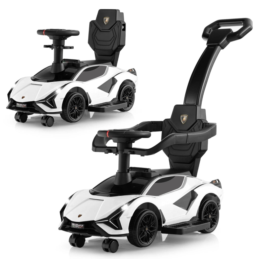 Auto da spinta 3-in-1 con paracolpi e manubrio rimovibili musica e spazio di stoccaggio nascosto, Auto scorrevole Bianco-Biciclette e tricicli