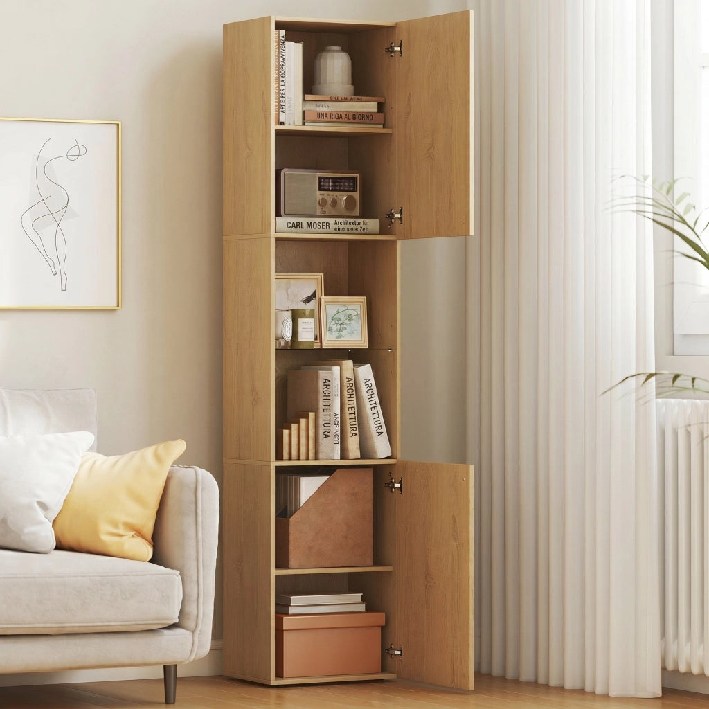 Mobile da Bagno a Colonna Slim 40x31x182H cm 6 Ripiani 2 Ante e Ripiano in Vetro Temperato in MDF Rovere