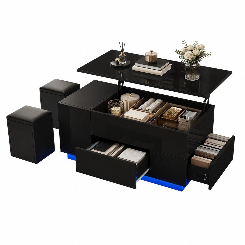 TAVOLINO DA SALOTTO Sollevabile 100 x 50 x 45 cm Nero Lucido con LED e 2 sgabelli