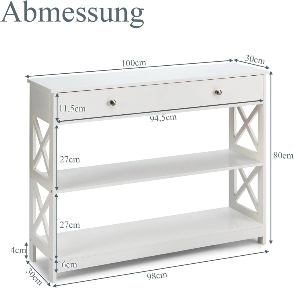 Ingresso per ingresso, console da ingresso stretta a 3 livelli con ampio cassetto per chiavi, orologi e gioielli, mobile ingresso per soggiorno e camera da letto, 100 x 30 x 80 cm (bianco)