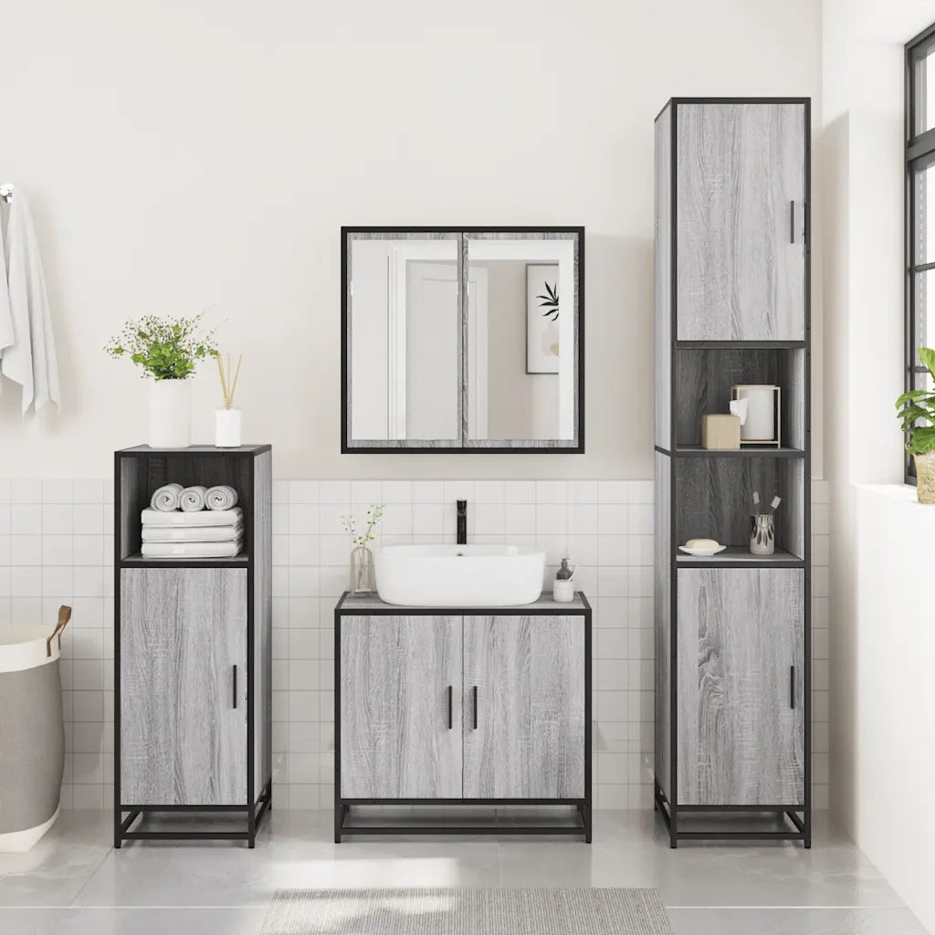 Set Mobili da Bagno | Armadio da bagno 3 pz Grigio Sonoma in Legno Multistrato