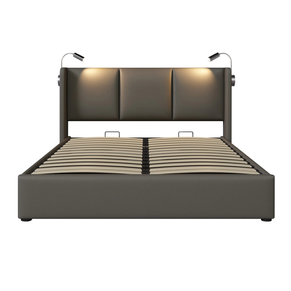 Letto matrimoniale 180x200 cm con contenitore; luce da lettura e 2 porte USB; grigio