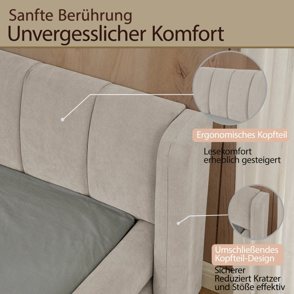 Letto Matrimoniale 160x200 cm; 2 Posti - Testiera Ergonomica; in Chenille - Beige