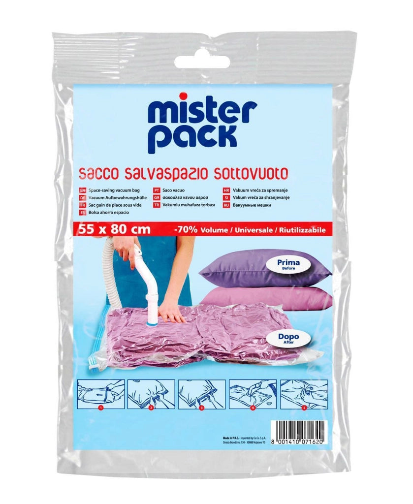 CUKI 913085 Sacco Sottovuoto Salvaspazio Custodia Abbigliamento Taglia L 55x80 cm Valvola Universale colore Trasparente